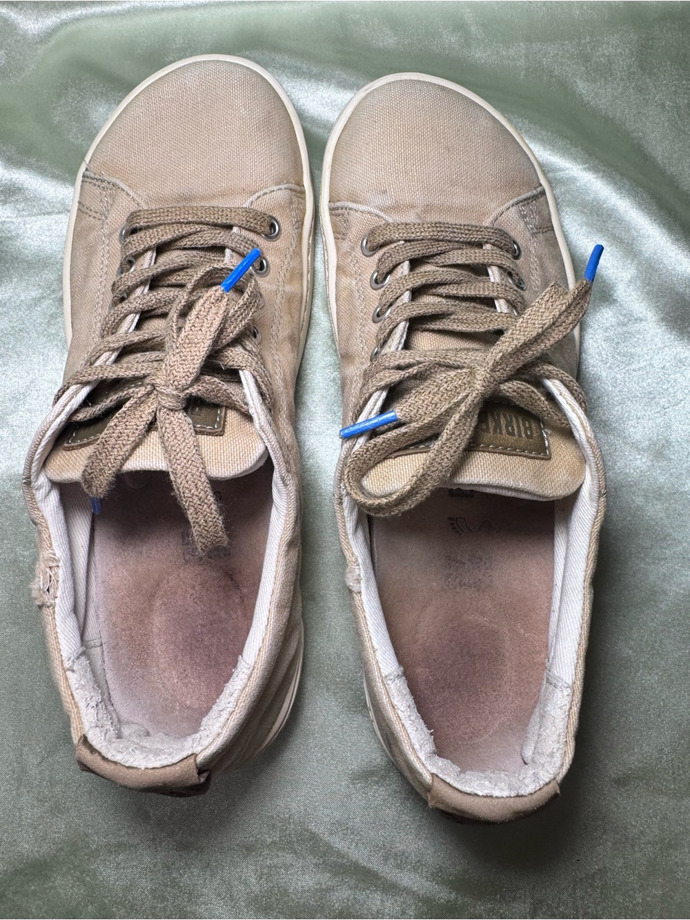 Birkenstock Vintage Canvas Lace Up Sneakers Tan Cream Blue Logo Tread EU 37 US 6 - Picture 6 of 12